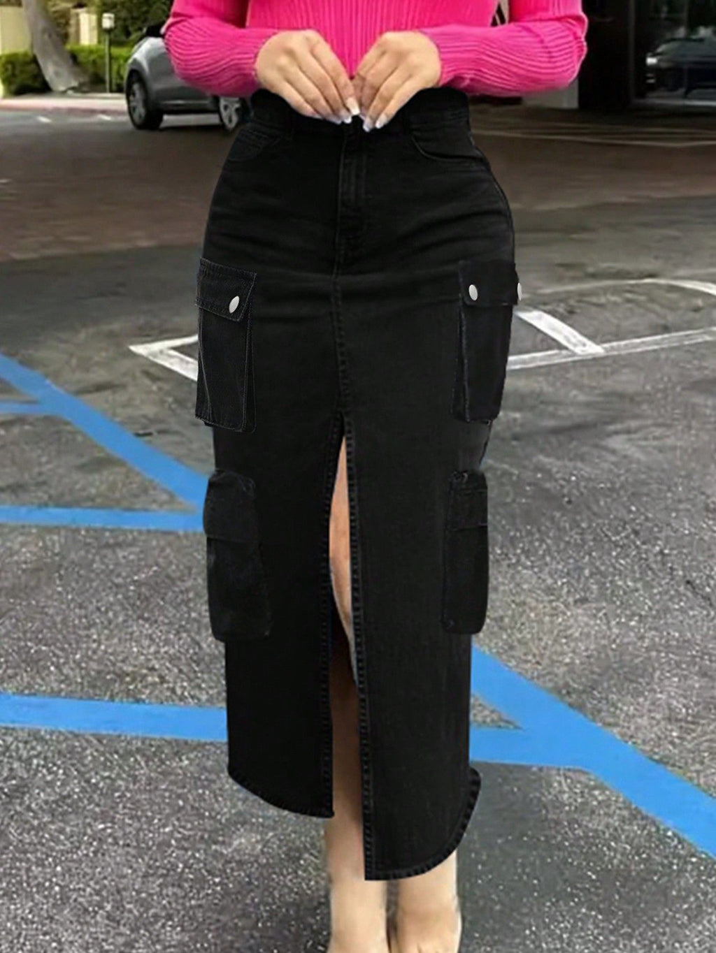 Ladies High-Waist Cargo Denim Midi Skirt with Front Slit Fashion Glam