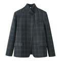 Women's box blazer with stand-up collar, asymmetric single-button placket and fine checked pattern Fashion Glam