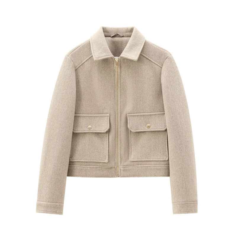 Women's short jacket in velour look with flap patch pockets and full-length zipper Fashion Glam