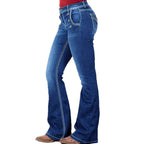 Ladies' Waist-Cinched Bootcut Jeans with Decorative Button Appliqué and Contrast Stitching Fashion Glam
