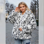Women Short Hooded Faux Fur Jacket with Boxy Silhouette and Polka Dot Shaggy Texture Fashion Glam