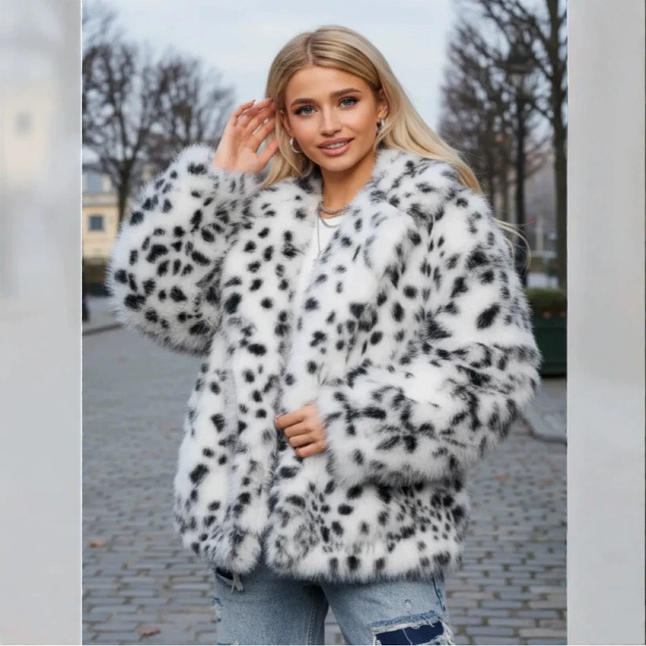 Women Short Hooded Faux Fur Jacket with Boxy Silhouette and Polka Dot Shaggy Texture Fashion Glam