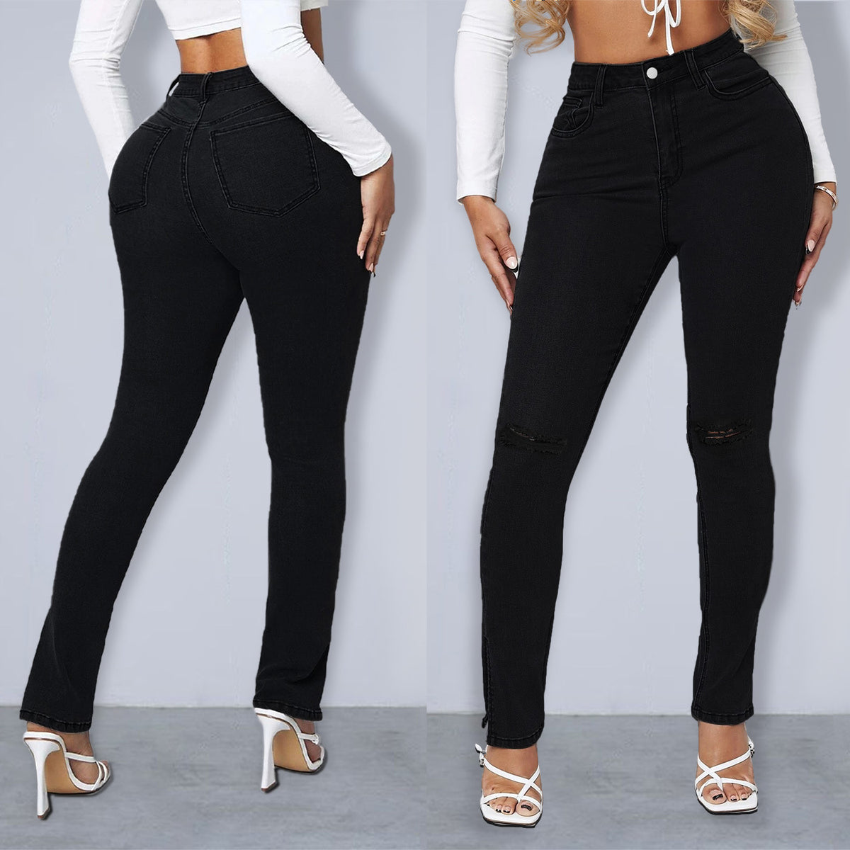 Women's Sculpting High-Waist Skinny Jeans with Knee Slits and Ankle Zippers Fashion Glam