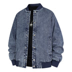 Men's Denim Bomber Jacket with Ribbed Collar and Snap Button Closure Fashion Glam