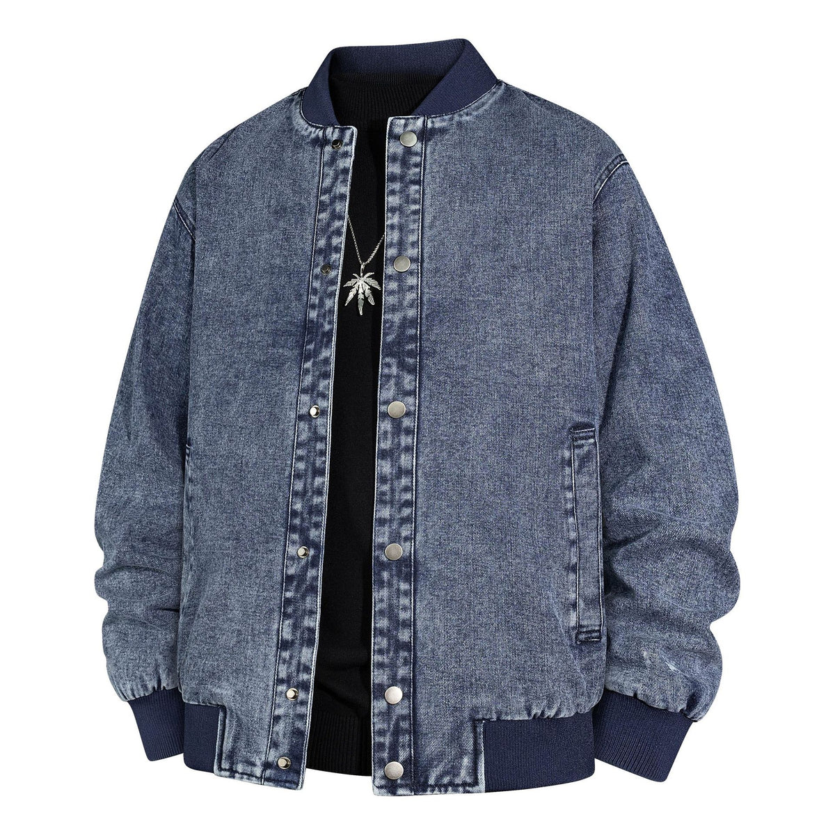 Men's Denim Bomber Jacket with Ribbed Collar and Snap Button Closure Fashion Glam