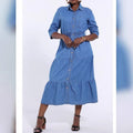 Women's Long Denim Dress with Tiered Skirt, Shirt Collar and Waist-Emphasizing Elastic Fashion Glam