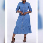Women's Long Denim Dress with Tiered Skirt, Shirt Collar and Waist-Emphasizing Elastic Fashion Glam