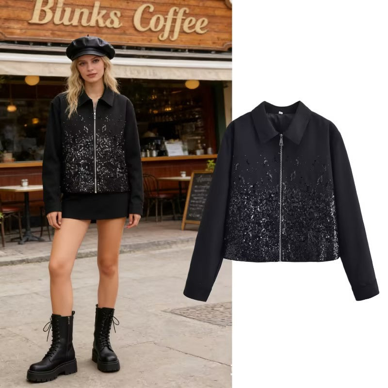 Women's short jacket with full-length zipper and gradient sequin trim Fashion Glam