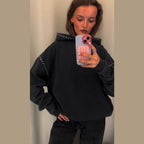 Women's Oversized Hoodie with Studded Decoration and Ribbed Cuffs Fashion Glam