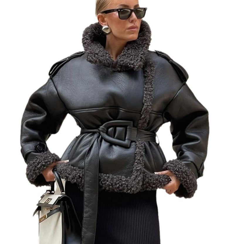 Women Short Sheepskin Imitation Flight Jacket with Waist Belt and Teddy Lining Fashion Glam