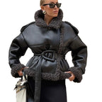 Women Short Sheepskin Imitation Flight Jacket with Waist Belt and Teddy Lining Fashion Glam