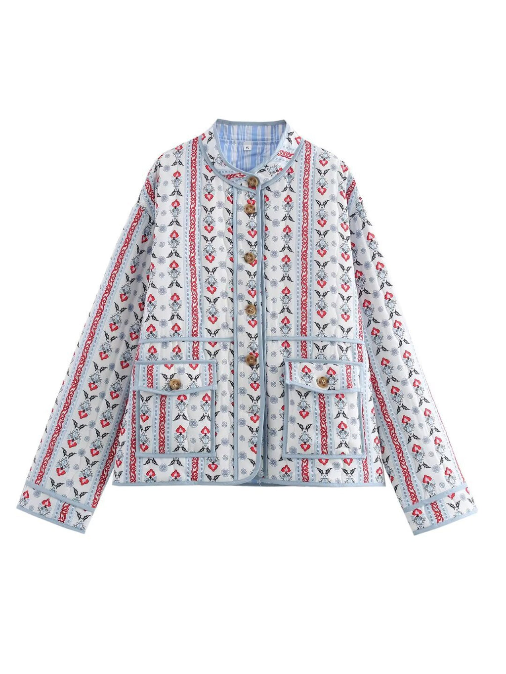 Ladies quilted short jacket with stand-up collar, patch pockets and fine ethnic print Fashion Glam