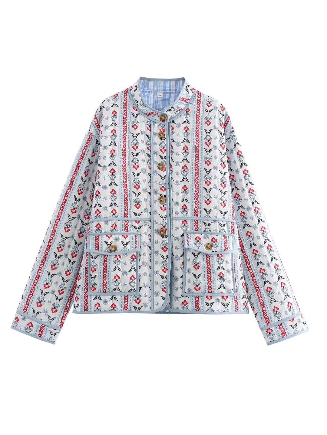 Ladies quilted short jacket with stand-up collar, patch pockets and fine ethnic print Fashion Glam