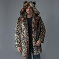 Men's Long Faux Fur Coat with Hood, Ear Application and Oversized Silhouette Fashion Glam
