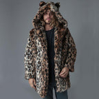 Men's Long Faux Fur Coat with Hood, Ear Application and Oversized Silhouette Fashion Glam
