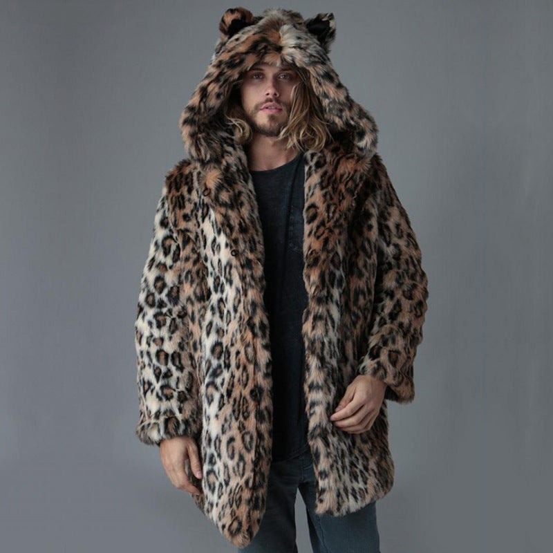 Men's Long Faux Fur Coat with Hood, Ear Application and Oversized Silhouette Fashion Glam