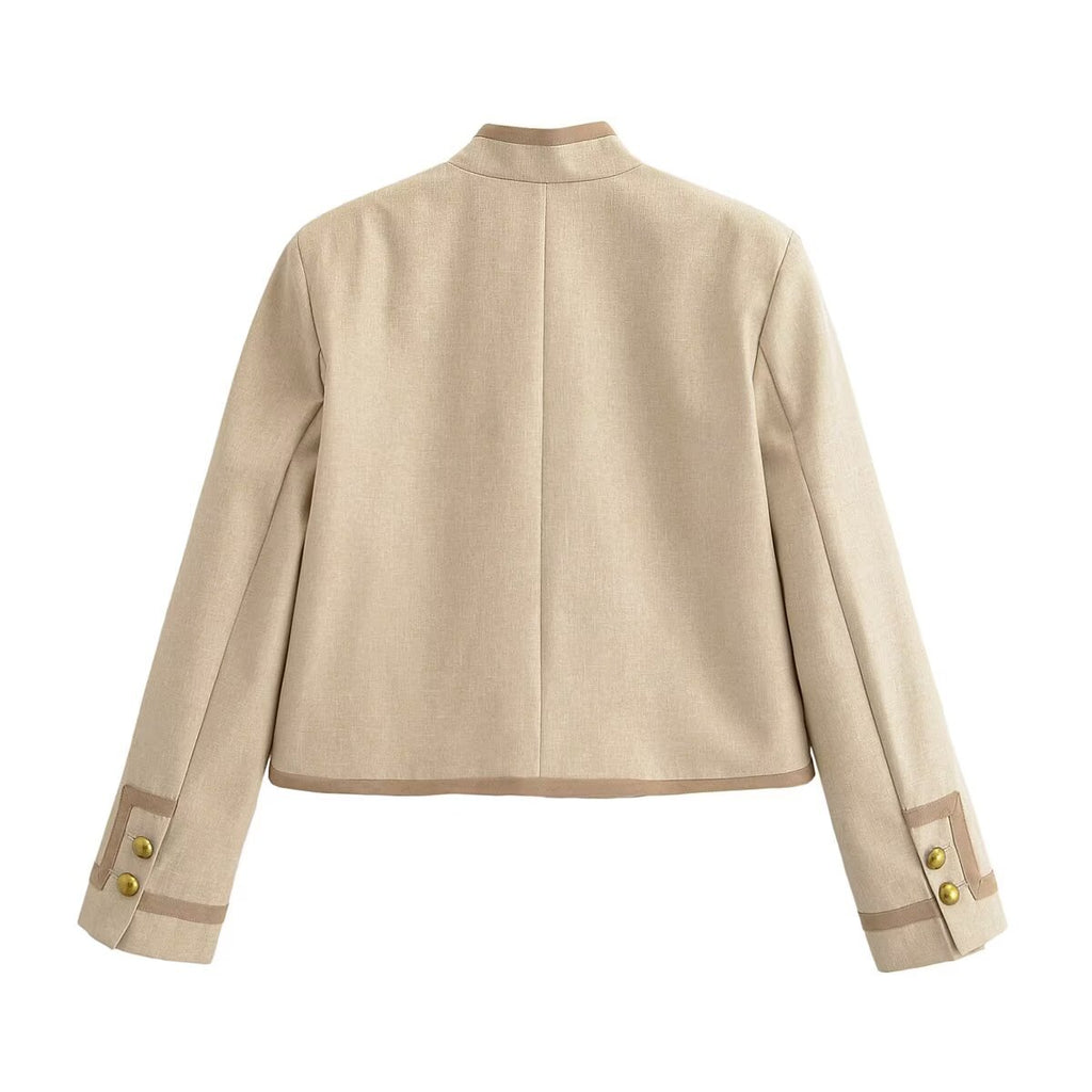 Women Short Military-Inspired Jacket with Stand Collar and Decorative Toggle Closure Fashion Glam