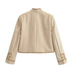 Women Short Military-Inspired Jacket with Stand Collar and Decorative Toggle Closure Fashion Glam