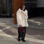 Women's Long Pile Oversized Faux Fur Coat with Boxy Silhouette and Open Cut Fashion Glam