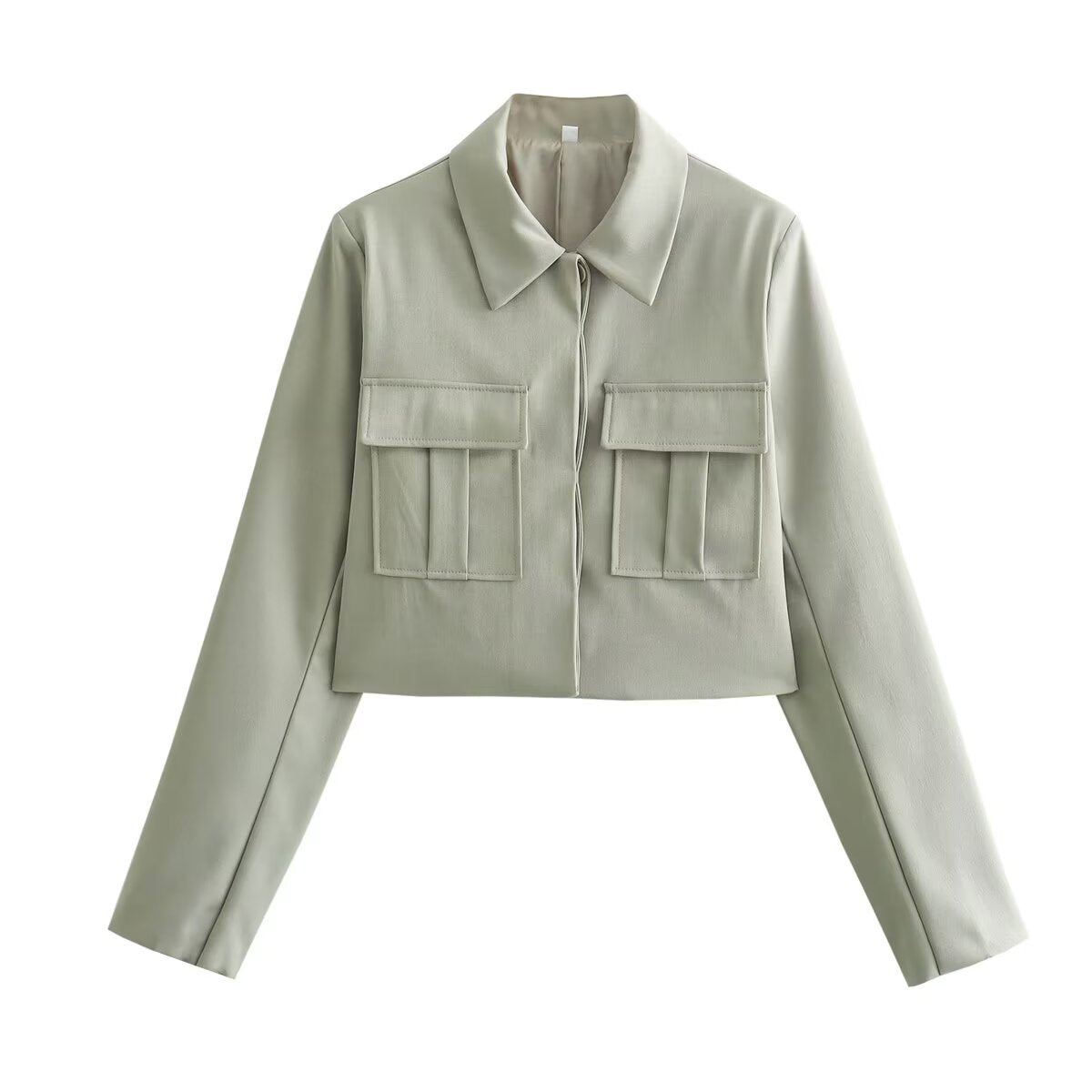 Women's short-cut faux leather jacket in field style with shirt collar and double flap pockets Fashion Glam
