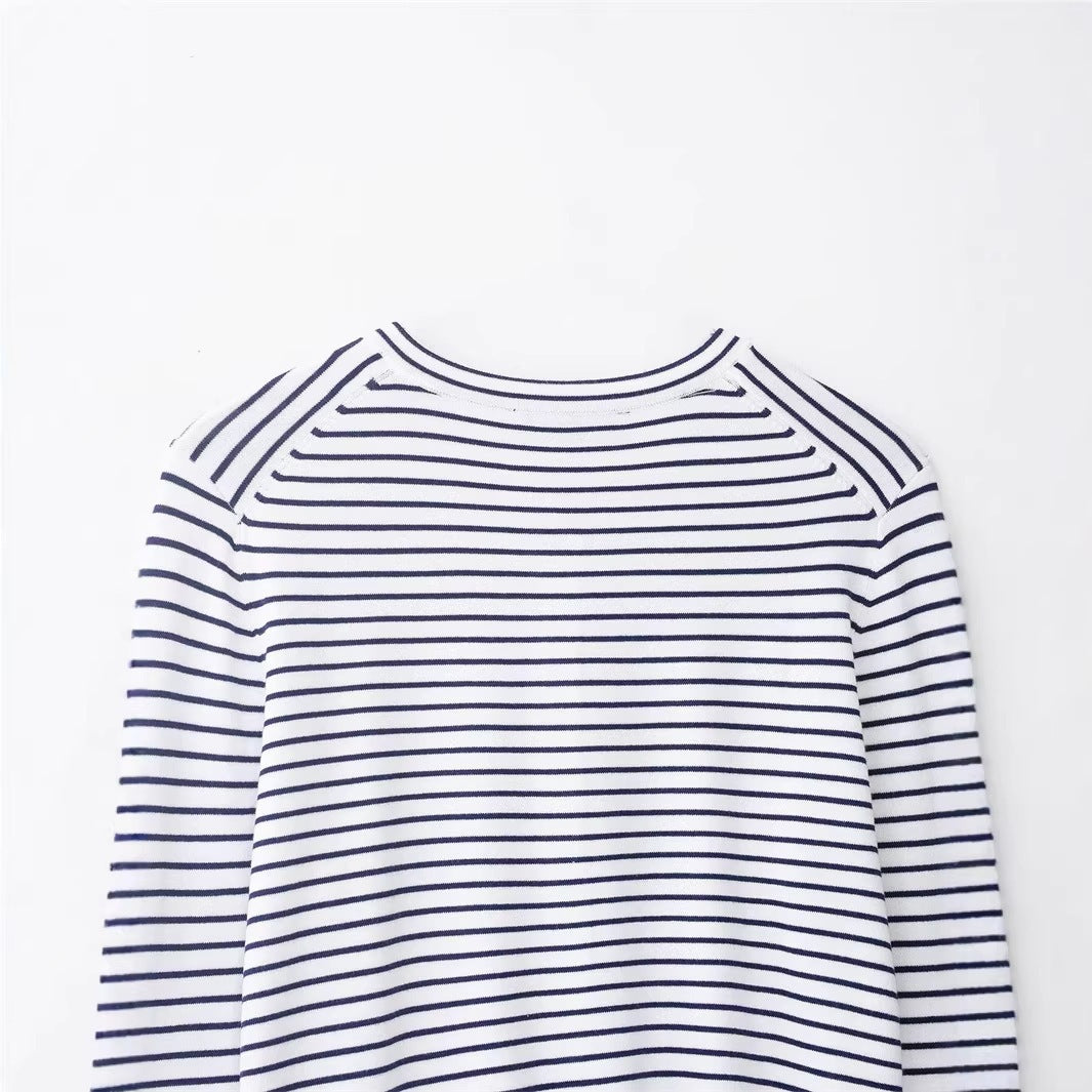 Women's fine knit cardigan with nautical striped pattern, round neckline and mother-of-pearl button placket Fashion Glam