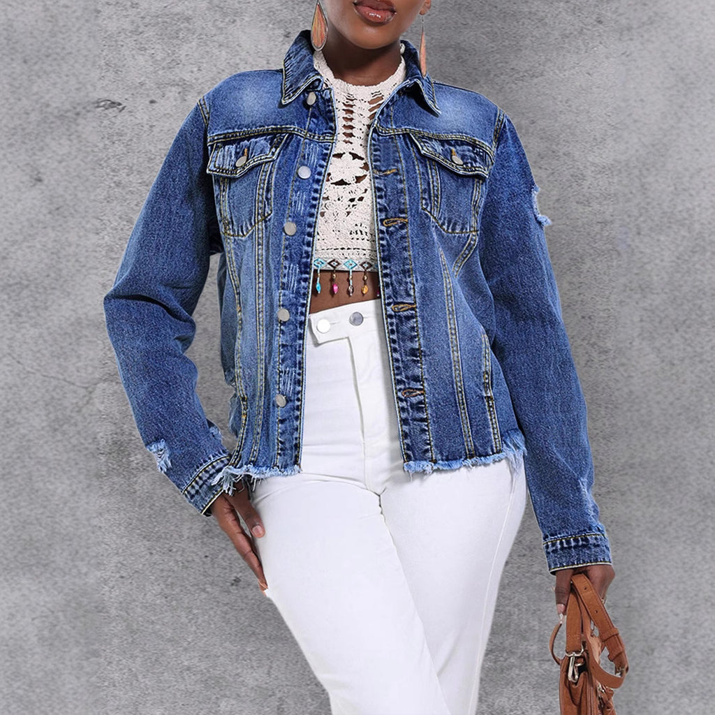 Women's Casual Denim Jacket with Distressed Details, Patch Chest Pockets and Frayed Hem Fashion Glam