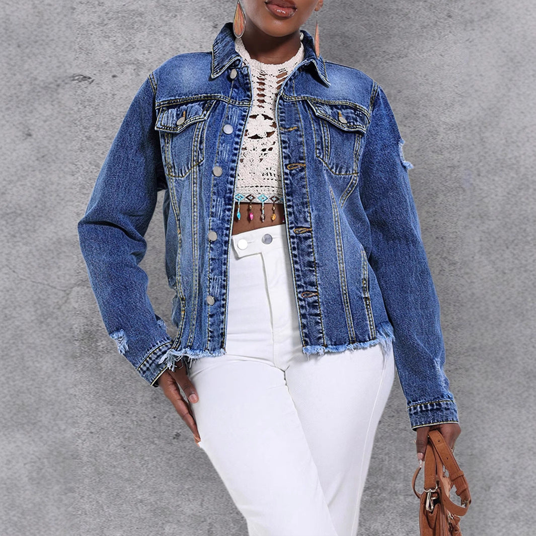 Women's Casual Denim Jacket with Distressed Details, Patch Chest Pockets and Frayed Hem Fashion Glam