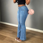 Women's High-Waisted Denim Jeans with Tiered Flounce-Flares and Sculpting Cut Fashion Glam