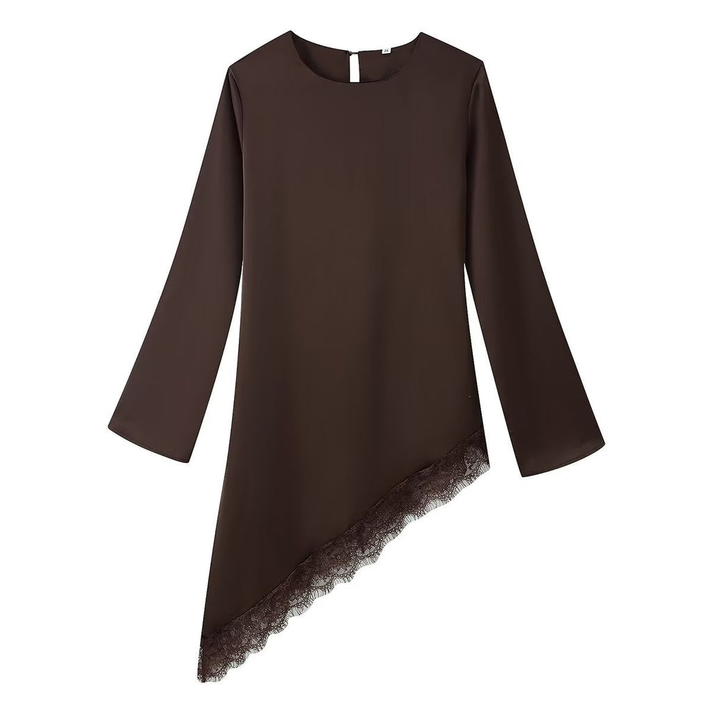 Women's Asymmetrical Long Sleeve Tunic with Lace Trim and Asymmetrical Hem Fashion Glam