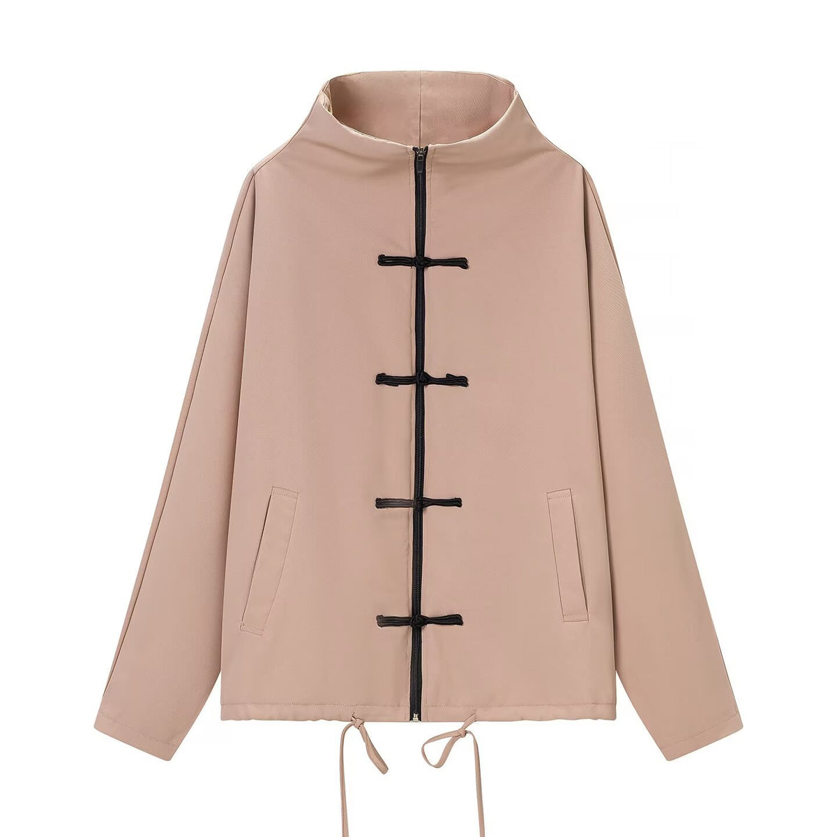 Women's lightweight boxy jacket with stand-up collar, zipper front, drawstring and decorative knot closures Fashion Glam