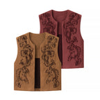 Ladies Embroidered Suede-Look Vest with Three-Dimensional Flower Appliqué Fashion Glam