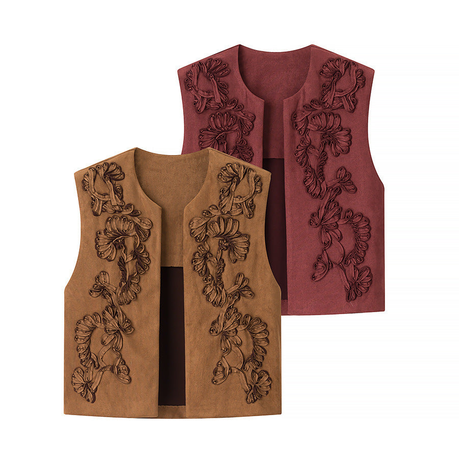 Ladies Embroidered Suede-Look Vest with Three-Dimensional Flower Appliqué Fashion Glam