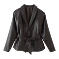 Women's Tailored Tie-Belt Leather Blazer with Shawl Collar Fashion Glam