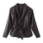 Women's Tailored Tie-Belt Leather Blazer with Shawl Collar Fashion Glam