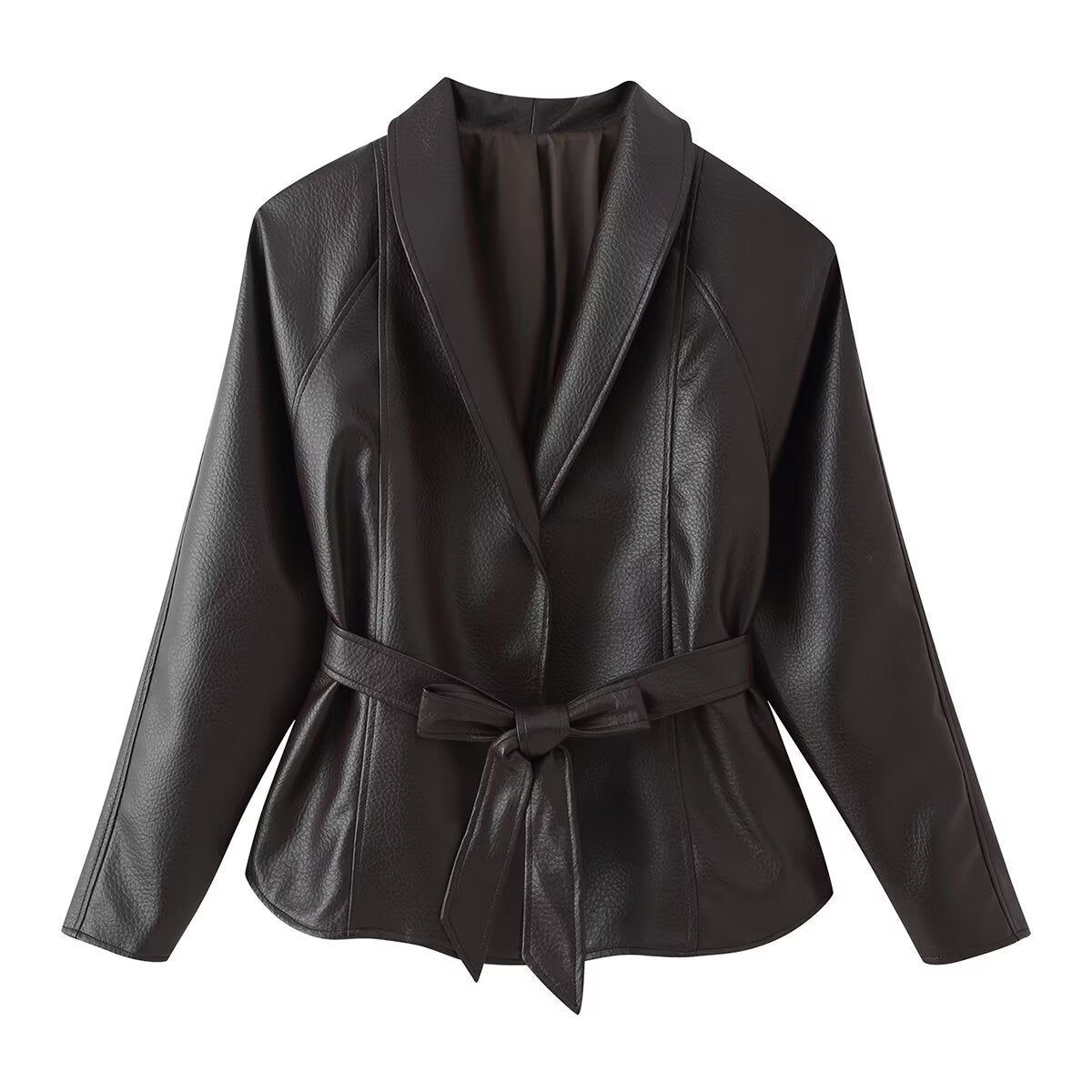 Women's Tailored Tie-Belt Leather Blazer with Shawl Collar Fashion Glam