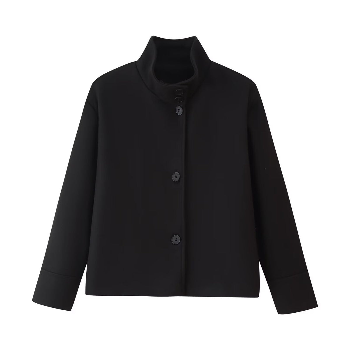 Women's Boxy Short Jacket with High Stand Collar and Concealed Button Placket Fashion Glam