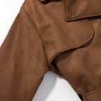 Women Longer Double-Breasted Coat in Velvet Look with Waist Belt and Turn-Up Sleeves Fashion Glam