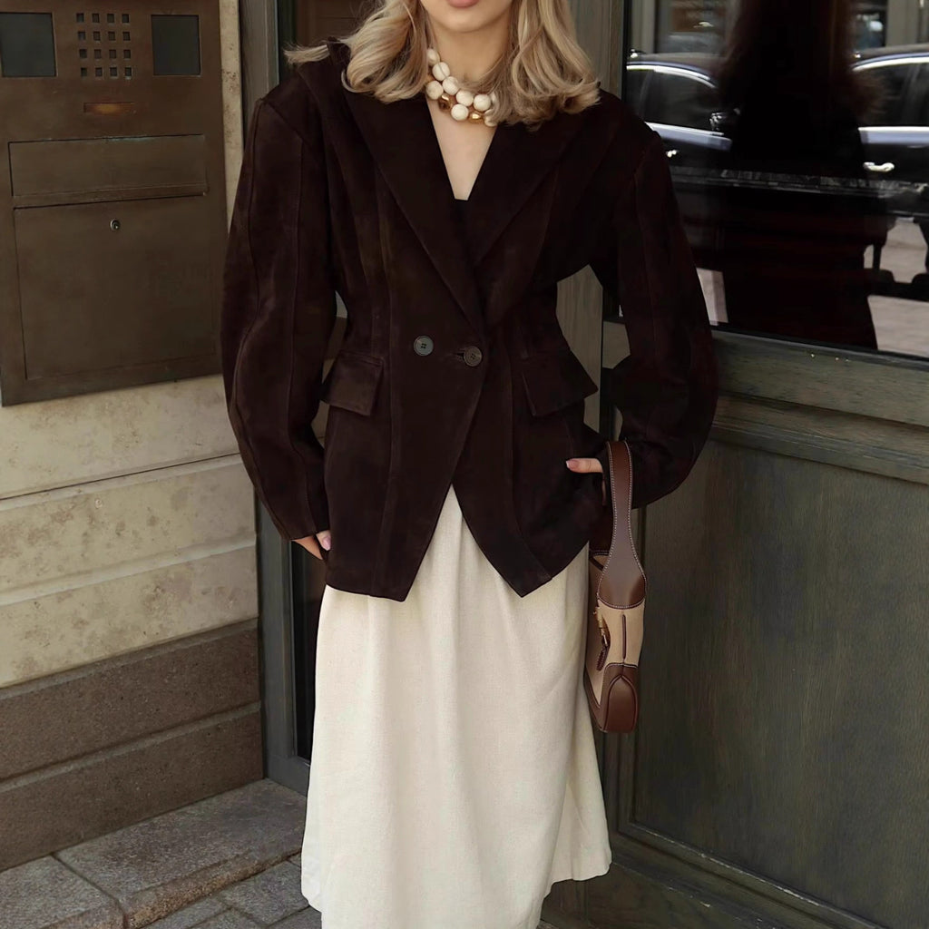 Women Tailored Velvet Imitation Blazer with Double Breasted and Patch Pockets Fashion Glam