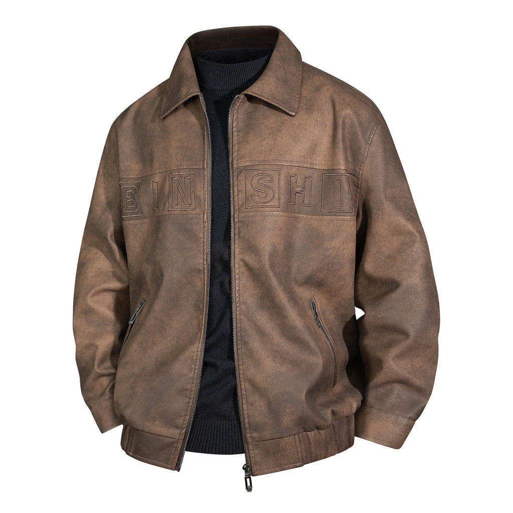 Men's Suede Look Bomber Jacket with Applied Logo and Zipper Fashion Glam
