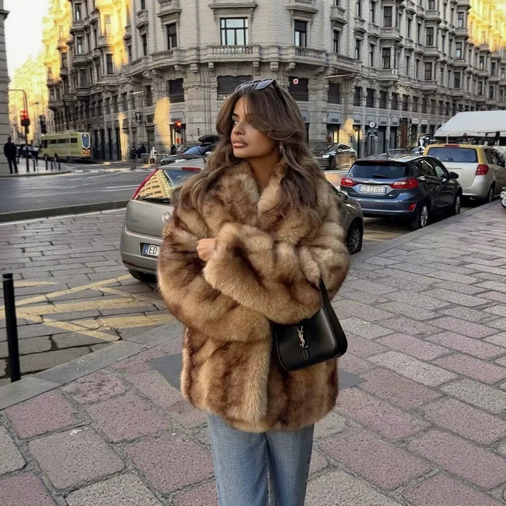 Women's Short Boxy Faux Fur Coat with Wide Shawl Collar and Luxurious High-Pile Texture Fashion Glam