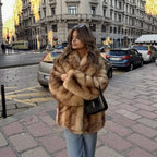 Women's Short Boxy Faux Fur Coat with Wide Shawl Collar and Luxurious High-Pile Texture Fashion Glam