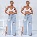 Women Wide High-Waist Denim Jeans with High Side Slits and Destroyed Details Fashion Glam