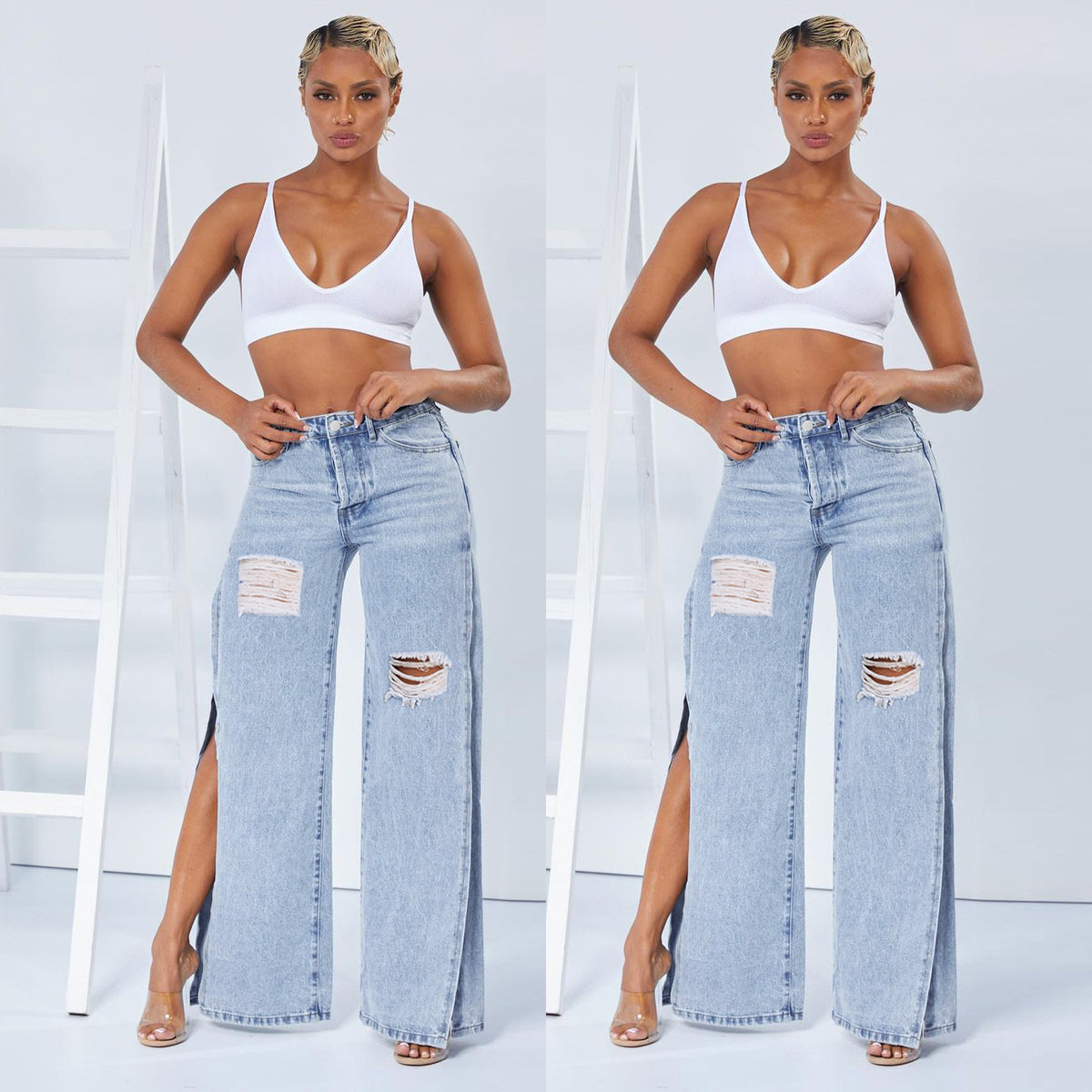 Women Wide High-Waist Denim Jeans with High Side Slits and Destroyed Details Fashion Glam