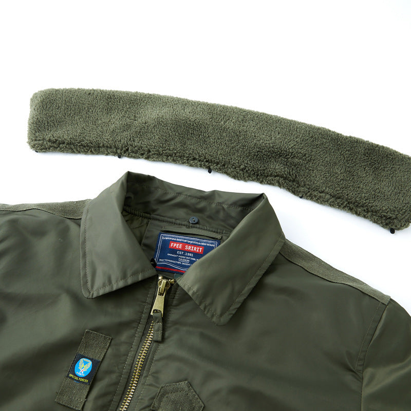 Men's pilot bomber jacket with teddy collar, multiple pockets, and windproof nylon shell Fashion Glam