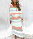 Women's Casual-Elegant Maxi Knit Dress with V-Neck, Drawstring and Side Pockets Fashion Glam