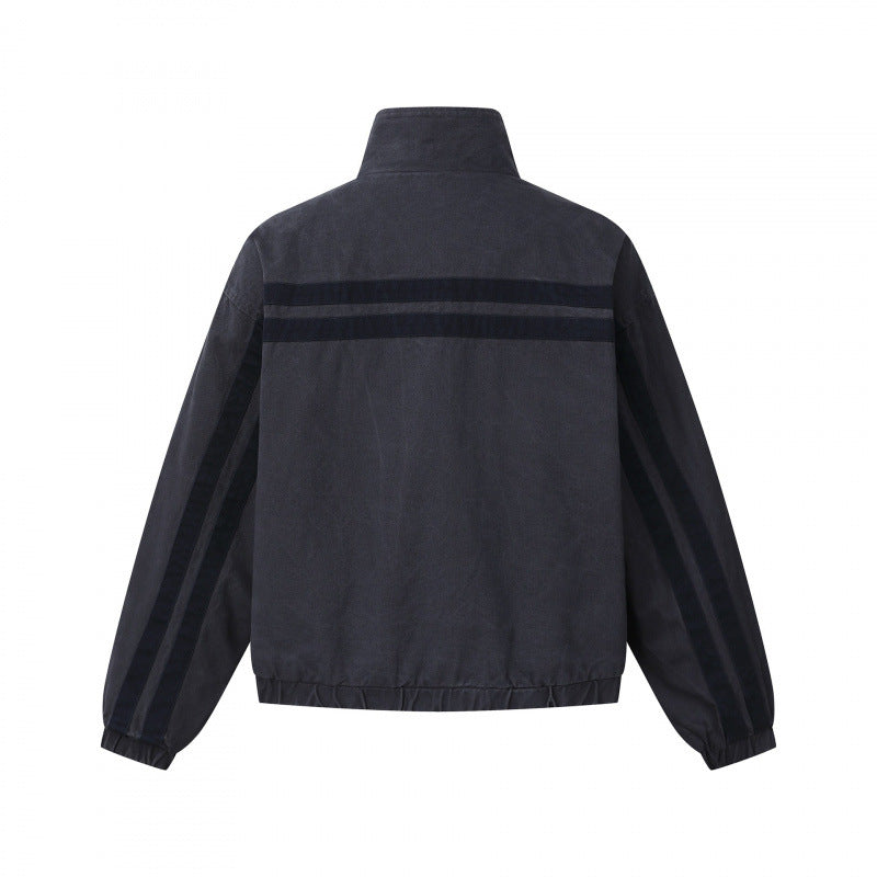 Unisex short cut boxy blouson jacket with stand collar, double stripe detail and checked inner lining Fashion Glam