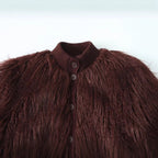 Women Short Cut Shaggy Faux Fur Cardigan with Ribbed Collar and Button Placket Fashion Glam
