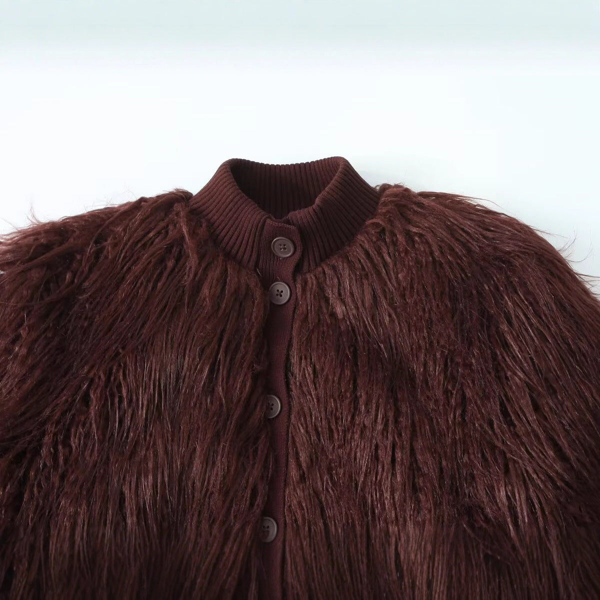 Women Short Cut Shaggy Faux Fur Cardigan with Ribbed Collar and Button Placket Fashion Glam