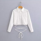 Women's Short-Cut Eyelet Embroidery Blouse with Shirt Collar and Long Ties Fashion Glam
