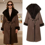 Women's Long Sheepskin Look Coat with Hood, Tie Belt and Faux Fur Trim Fashion Glam